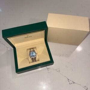 Rolex Gold Watch with Light Blue Dial and Gold Jubilee Bracelet